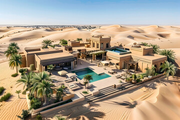 A luxurious desert villa with expansive courtyards, surrounded by sand dunes
