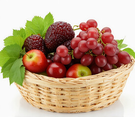 Wicker basket with fruits, isolated on white background