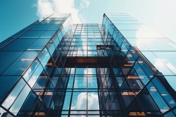 Obraz premium A modern office skyscraper with a multitude of reflective windows reaching into the sky, A sleek and modern office building with reflective glass windows