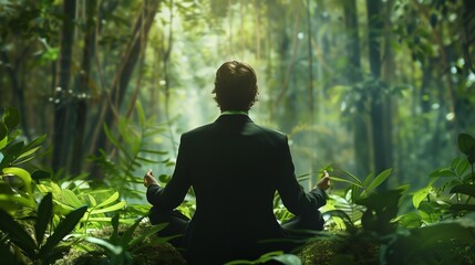 Businessman meditating in a lush forest, symbolizing sustainable business practices and green ecology thinking. Emphasizes the harmony between corporate life and nature.