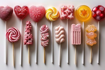 A collection of lollipops of different shapes and sizes, including hearts, stars, and swirls. 