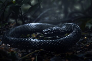 Obraz premium A black snake is curled up on the ground in a natural setting, A sleek, black snake slithering through a dark forest