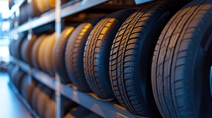 a row of tires on a shelf
