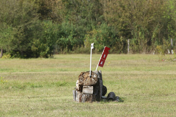 Obstacle, hurdle for sport horses stands on a green meadow