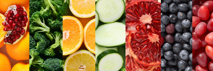 Colorful stripes of fresh fruits and vegetables showcasing organic oranges, apples, pomegranates, leafy greens