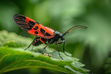 A small red and black bug with delicate wings perched on top of a green leaf, A small, red and black insect with delicate wings