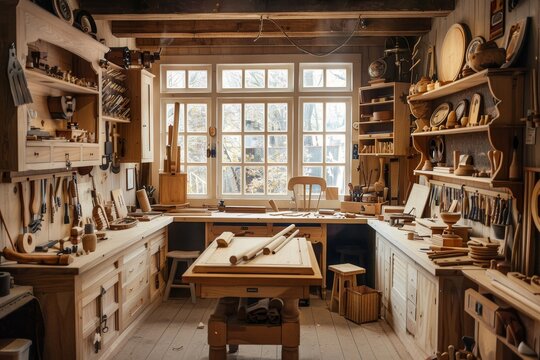 A room filled with various wooden furniture pieces in a small woodworking shop, A small woodworking shop filled with beautifully crafted furniture