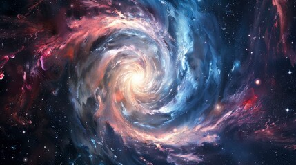 Deep space star vortex swirling amidst celestial bodies.