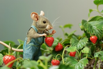 A mouse is holding a strawberry in its mouth