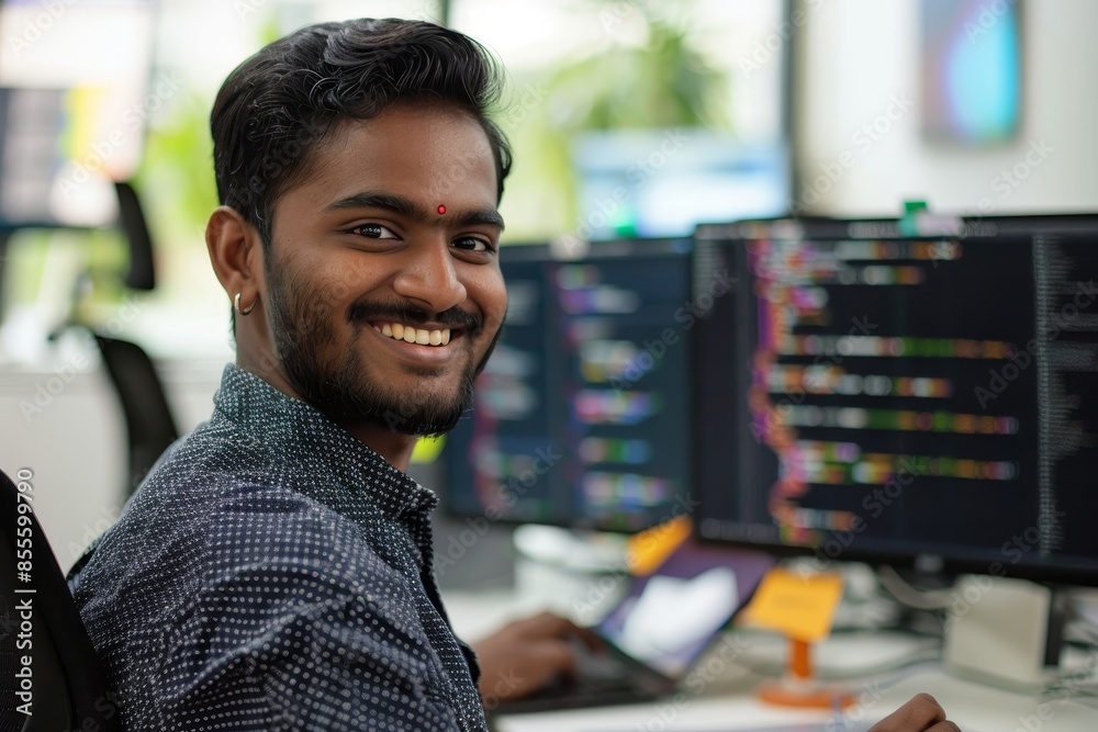 Poster smiling indian man sitting in front of a computer monitor, debugging code, a smiling indian man debu