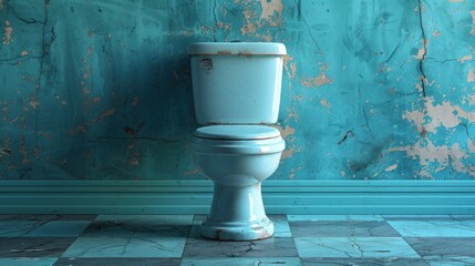 Blue Toilet in a Cracked Room