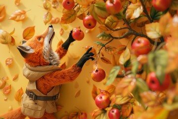 A fox is reaching for an apple on a tree