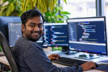 An Indian man is smiling while debugging code on two computer monitors, A smiling Indian man debugging code on multiple computer screens