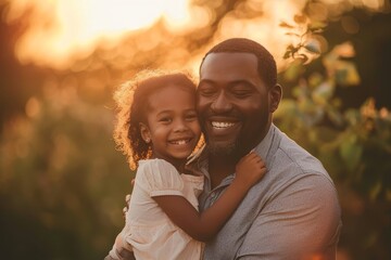 Fototapeta premium A man with a smile on his face holds a little girl in his arms, A smiling father embracing his daughter in front of a colorful sunset