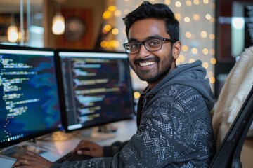 A smiling Indian man sitting in front of two computer monitors while debugging code, A smiling Indian man debugging code on multiple computer screens