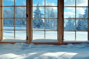 View of snowy landscape through open window, A snow-covered landscape visible through the windows