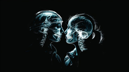 Two people facing each other under  x-ray vision 