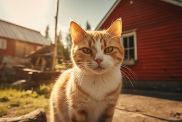 Red cat walking in a farm