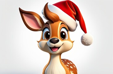 Cartoon illustration, funny spotted fawn in a Santa Claus hat on a gray background, Christmas or New Year print with an animal image, design, decorative element, for a greeting card