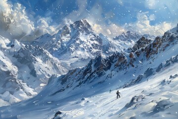 Obraz premium A painting of a man skiing down a snowy mountain, A snowy mountain landscape with skiers in the distance