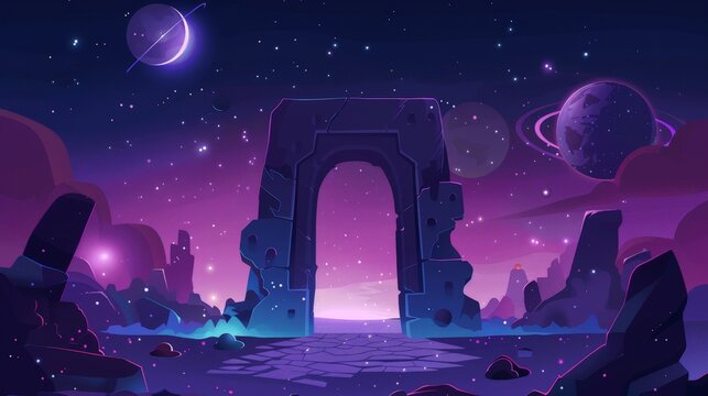 Enchanted Portal to a Celestial Realm - Cartoon Stone Gate in Space Landscape with Galaxy Elements and Glowing Lights, Clash Royale Style Background Illustration