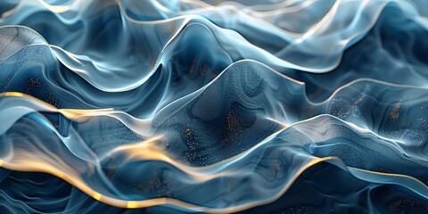 Obraz premium 3D abstract illustration of waves from plastic and fabric, bright colors, for banners and layouts, landing pages, very detailed texture, blue, grey and black, 2:1
