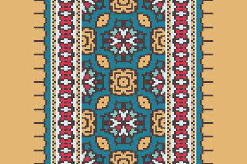 Seamless pattern in patchwork style. Embroidered print for carpet, textile, wallpaper, wrapping paper. Ethnic and tribal motifs. Handwork. Vector illustration.