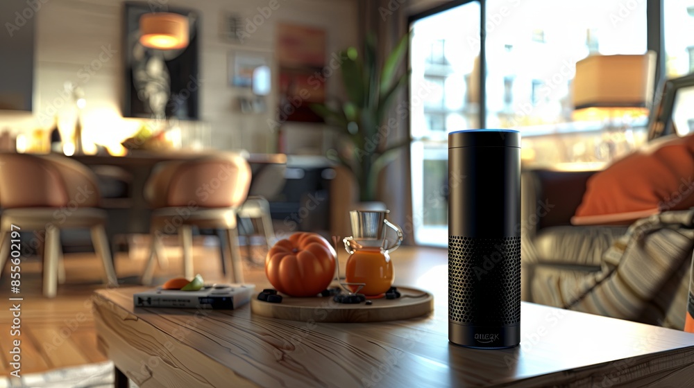 Aufkleber a modern voice assistant device is elegantly placed on a wooden coffee table, seamlessly blending in