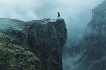 A man stands on the edge of a cliff overlooking the vast landscape below, A solitary figure standing at the edge of a cliff, staring into the abyss