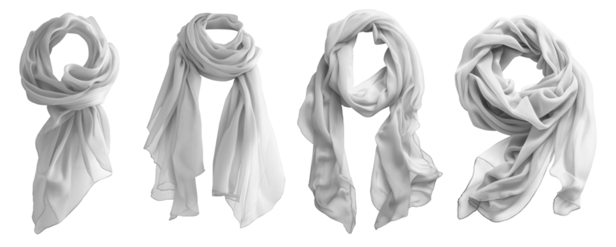 Set of white chiffon silk silky flowy soft scarf shawl wrap, front and flat lay view on transparent cutout PNG file. Many different angle. Mockup template for artwork design