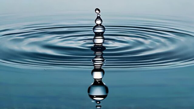 multiple water droplets creating ripples on a calm, blue water surface