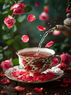 Artistic shot of rose tea pouring into a cup with rose petals floating, rose tea, artistic elegance.