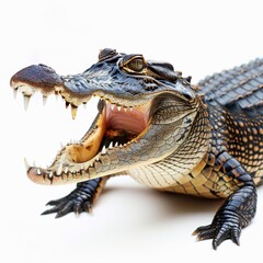 Obraz premium A realistic illustration of a crocodile with its mouth open, isolated on a white background The crocodile is depicted in a lifelike manner, showcasing its sharp teeth and textured skin