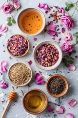 Creative flat lay of rose tea ingredients: dried rose petals, tea leaves, honey, arranged aesthetically, rose tea, ingredient flat lay.