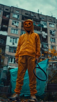 Man Halloween Pumpkin head outfit sport Tennis urban horror
