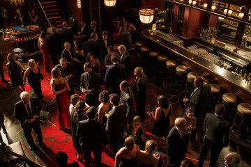 Dressed in cocktail attire, a sophisticated crowd gathers around a bar, A sophisticated crowd dressed in cocktail attire mingling in the casino lounge