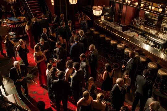 Dressed in cocktail attire, a sophisticated crowd gathers around a bar, A sophisticated crowd dressed in cocktail attire mingling in the casino lounge