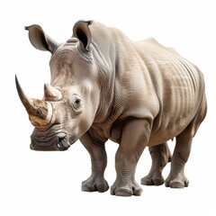 Obraz premium A majestic rhinoceros stands strong and alone, isolated on a white background, showcasing its powerful presence and unique features