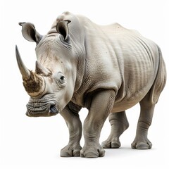 Fototapeta premium A majestic rhinoceros stands strong and alone, isolated on a white background, showcasing its powerful presence and unique features