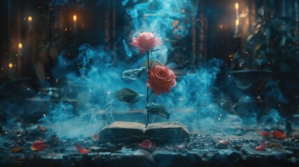 A Rose Blooms From an Ancient Book in a Mystical Setting