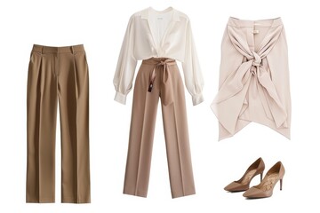 Womans Stylish Outfit and Shoes Displayed, A sophisticated yet approachable outfit, featuring elevated basics like a silk blouse and tailored trousers in neutral colors