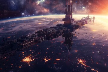 A detailed illustration of a space station floating in the vastness of outer space near a distant star, A space station orbiting a distant star