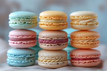 Obraz premium A colorful assortment of macarons stacked in a pyramid, with flavors like pistachio, raspberry, and lemon. 
