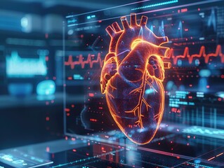 Obraz premium ECG monitor hologram with a 3D heart model, showcasing cuttingedge medical tools close up, healthcare theme, dynamic, manipulation, doctors office