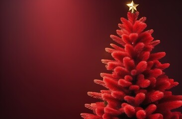 Red fluffy Christmas tree with a gold star on a red background. The idea of Christmas minimalism, a place for text on the left, copy space