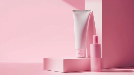 Mockup of cosmetic tube and skin care bottle on pink background representing beauty concept