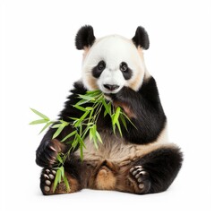 Naklejka premium A cute panda bear sitting and peacefully eating bamboo, isolated on a white background