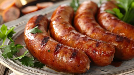 Fototapeta premium Grilled sausages on a plate garnished with parsley.