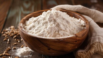 Fototapeta premium Heap of flour in a wooden bowl on rustic wooden table with scattered grains.
