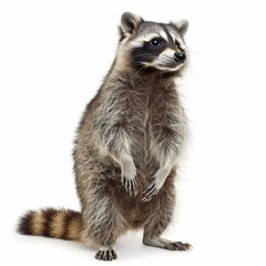 A cute raccoon standing upright on its hind legs, isolated on a white background Playful and curious, this furry mammal is known for its distinctive facial markings and bushy tail